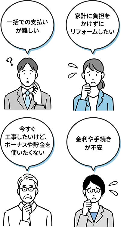 一括での支払いが難しい。家計に負担をかけずにリフォームしたい。今すぐ工事したいけど、ボーナスや貯金を使いたくない。金利や手続きが不安。
